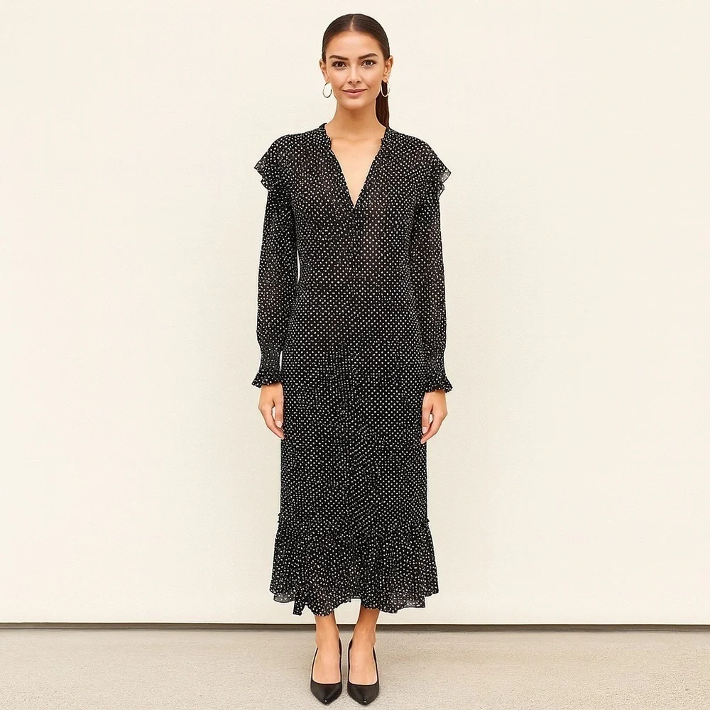 NEW ALLSAINTS Lara White Dot Black Sheer Long Sleeve High/Low Maxi Dress Size 2